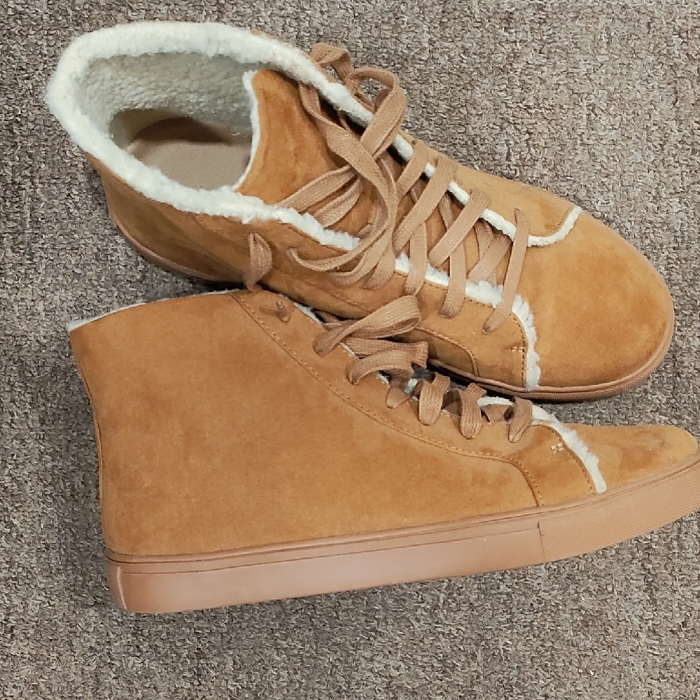 LOFT Tan Suede Shearling-Trim High Top Sneakers